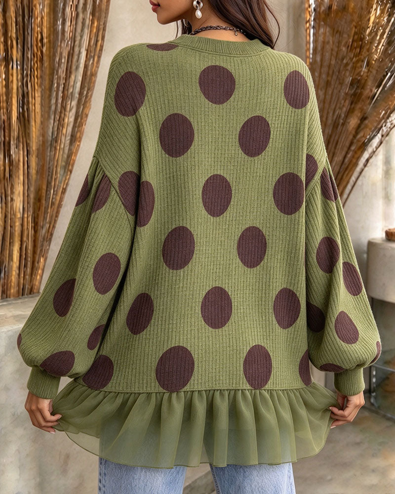 Round Neck Polka Dot Ruffle Sweatshirt