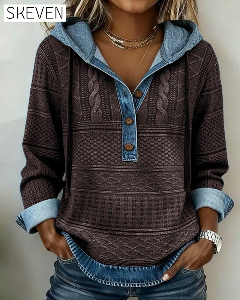 Zopfstrick-Denim-Patchwork-Hoodie