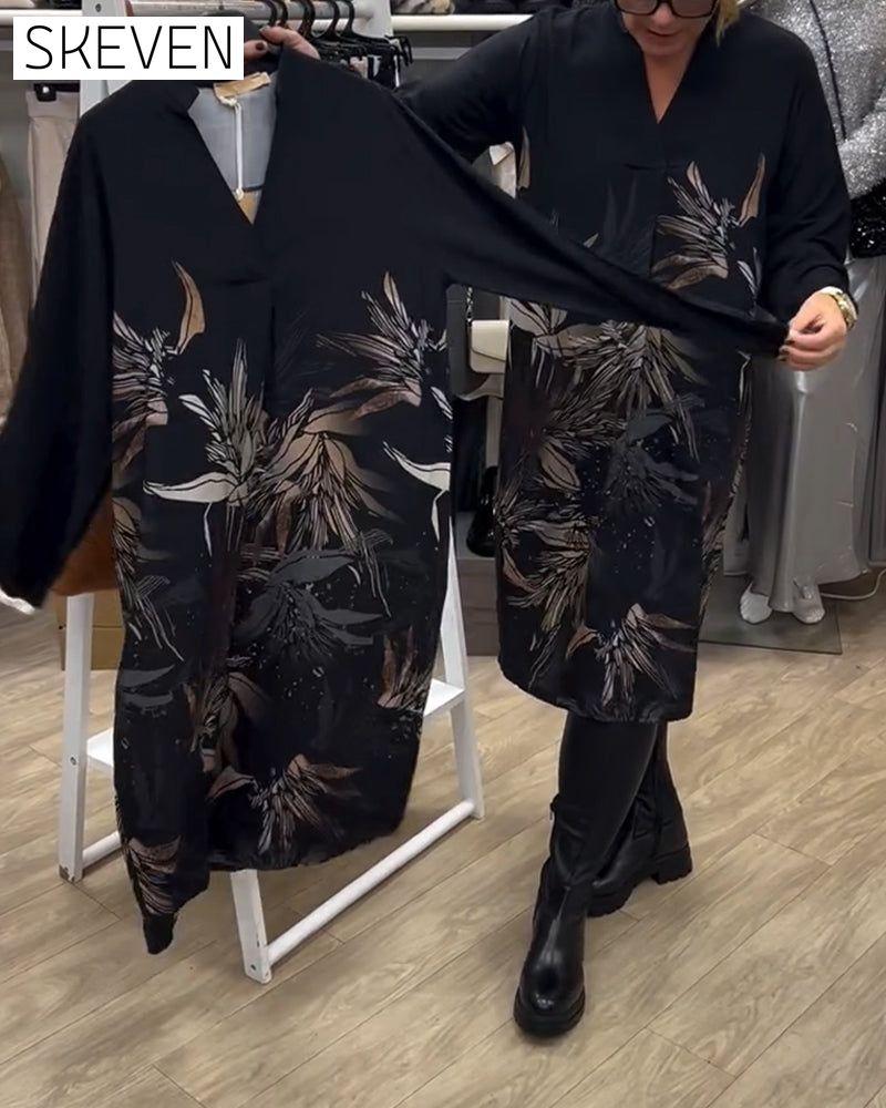 V-Neck Leaf Print Long-Sleeved Dress
