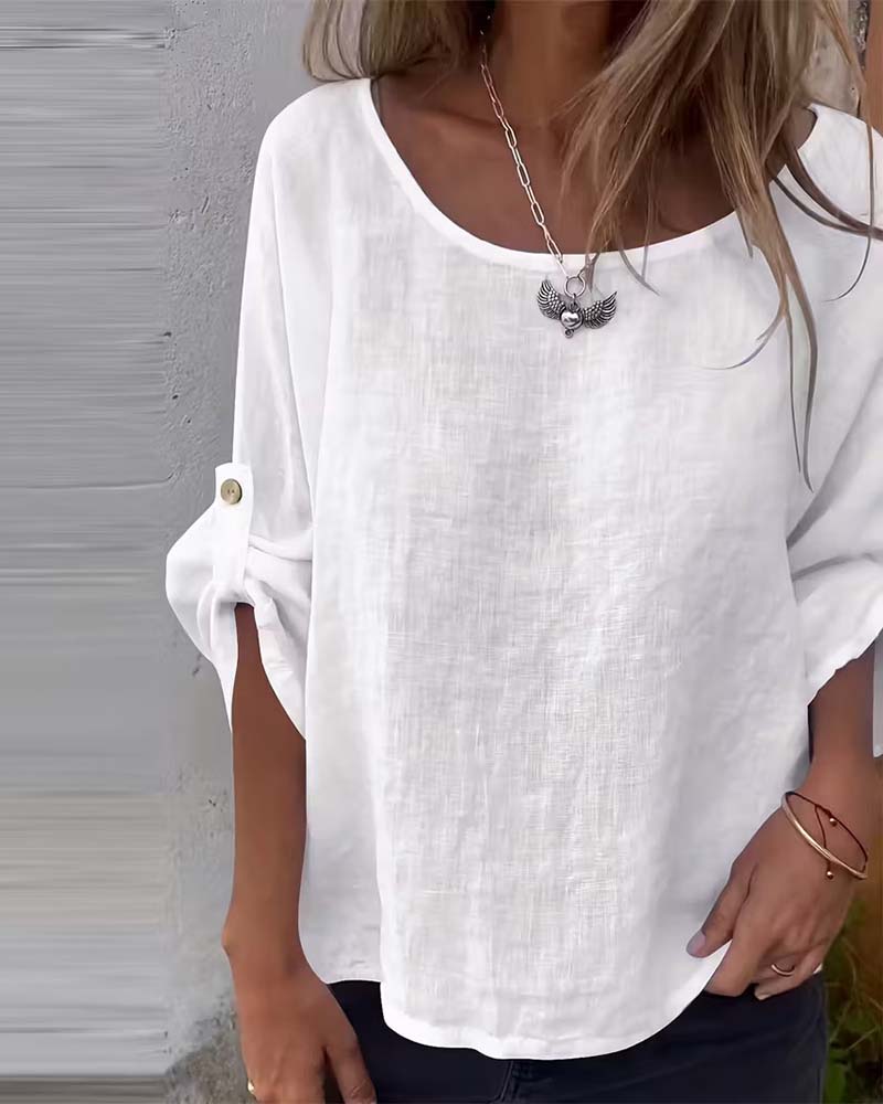 Round Neck Loose Solid Color Blouse
