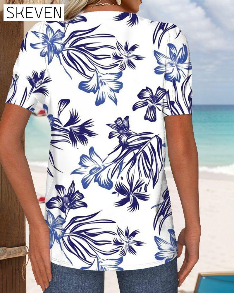 Crew Neck Floral Print Knitted T-Shirt