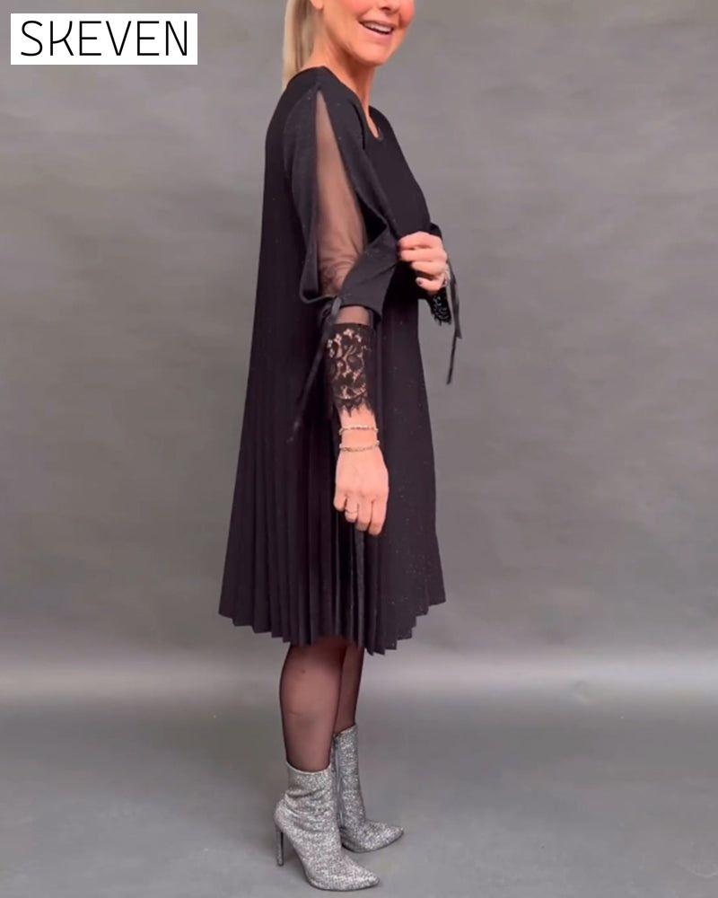 robe plissée en dentelle patchwork de couleur unie