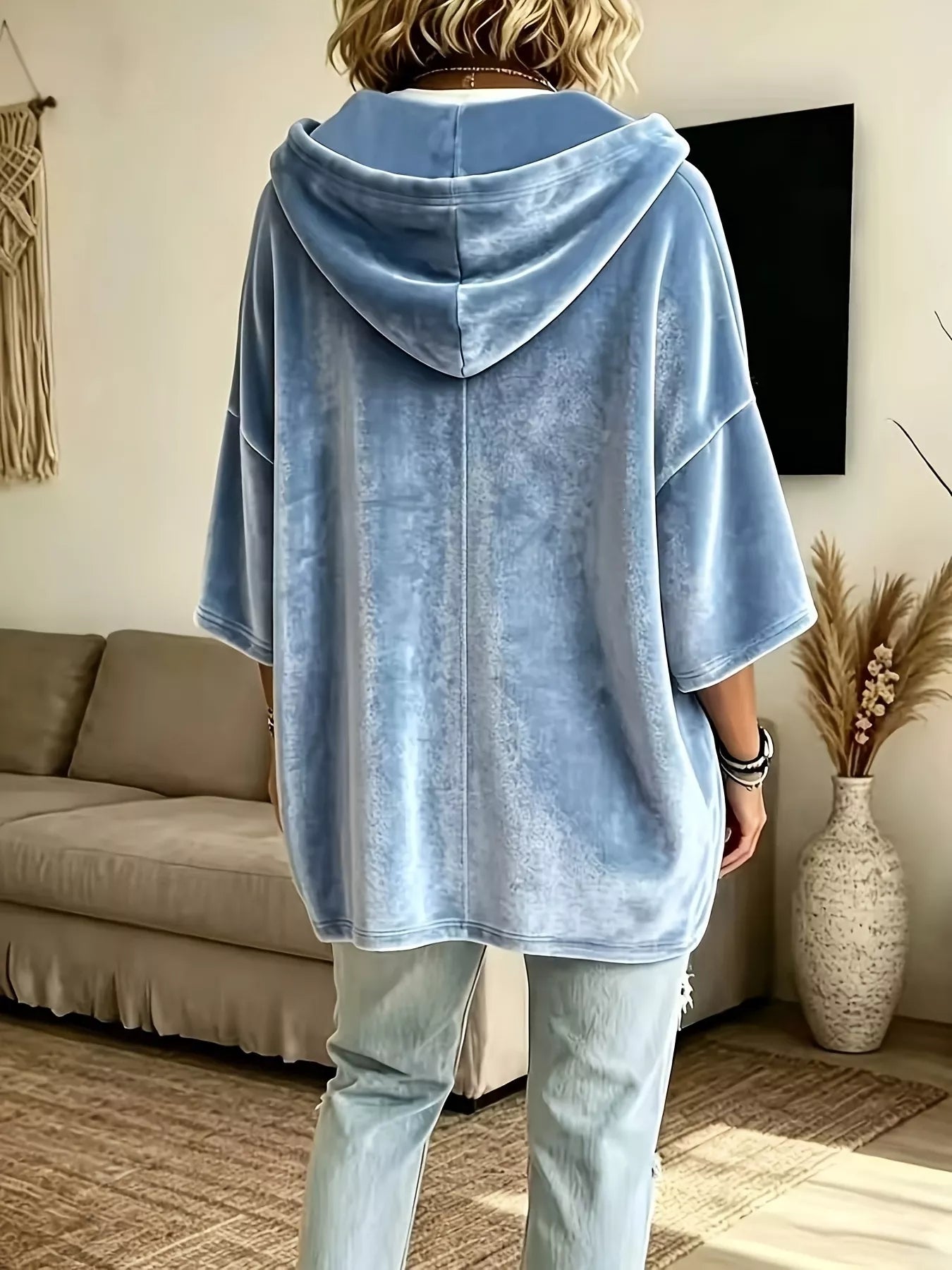 Full Size Velvet 3/4 Sleeve Hoodie with Kangaroo Pocket Plus Size