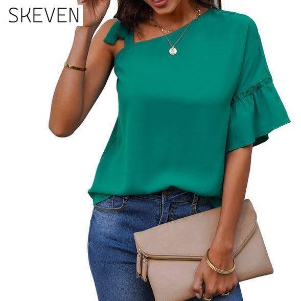 Women's fashion diagonal collar Ruffle Sleeve Chiffon Top clothes off the shoulder shirt shirt shirts short sleeve short sleeve shirt short sleeve top tops Tops/Blouses