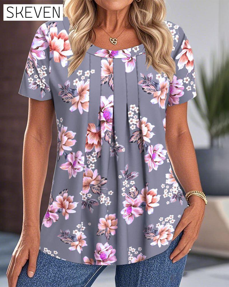 Crew Neck Pleated Print Blouse