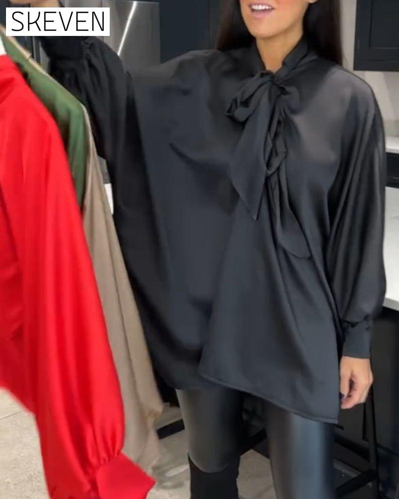 Ribbon collar solid color and elegant blouse