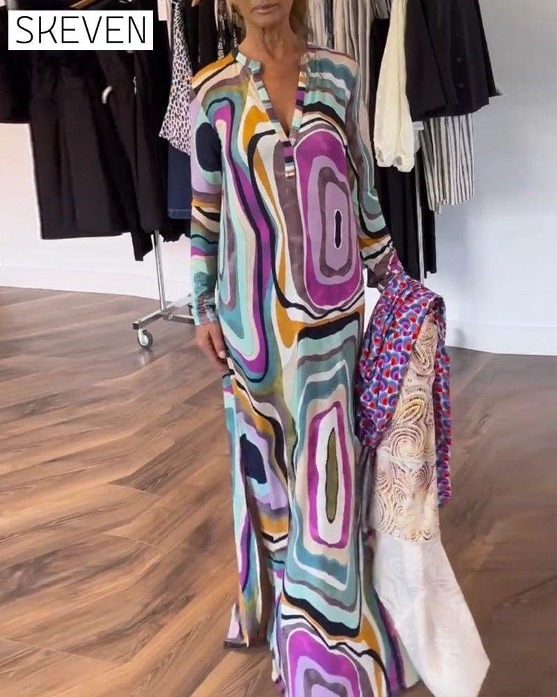 Deep V printed long hem dress