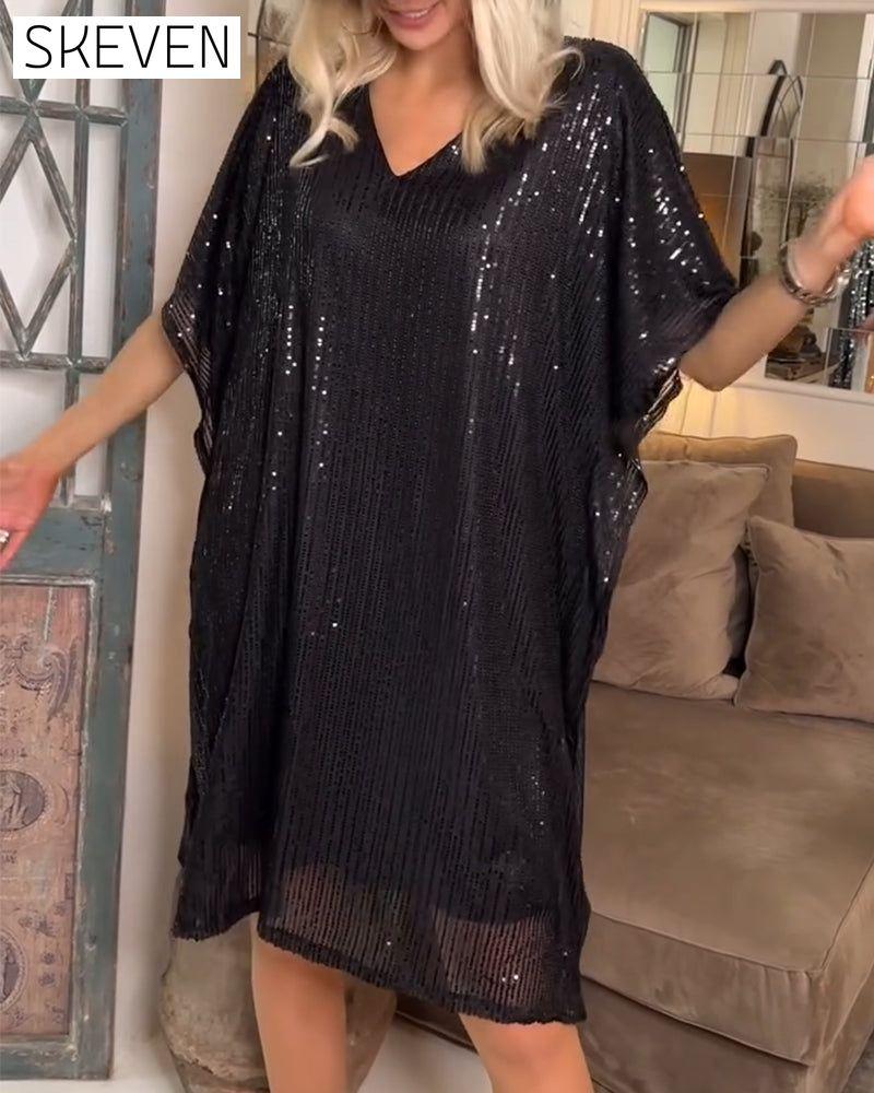 Paillettenbesetztes Freizeitkleid mit V-Ausschnitt