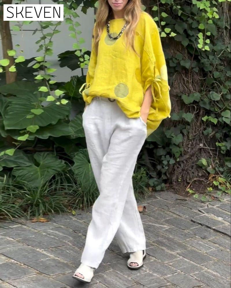 Polka dot printed three-quarter sleeves casual blouse