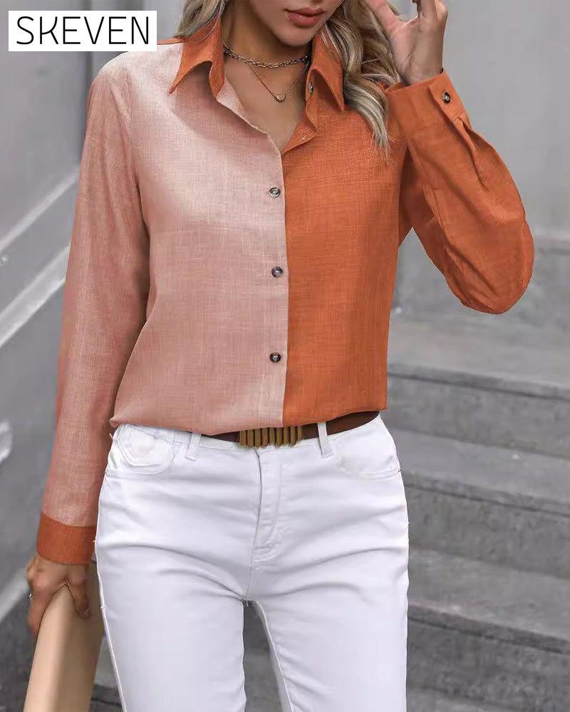 Einreihige Bluse mit Farbblock-Revers