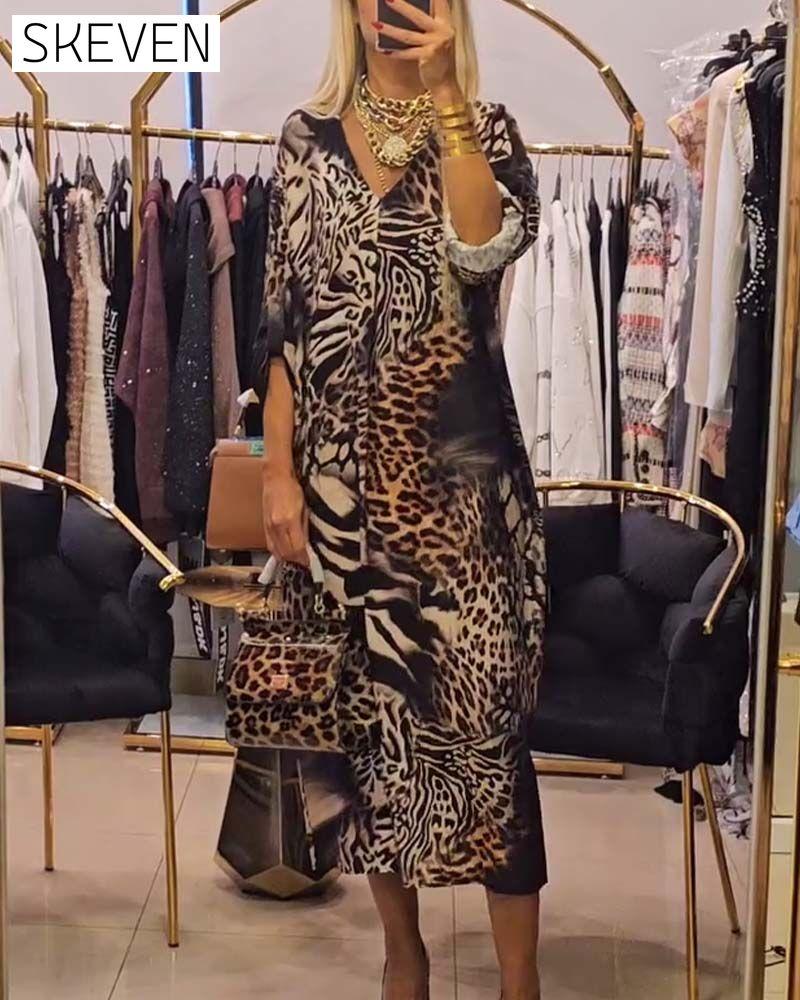 robe ample à imprimé léopard et col en V