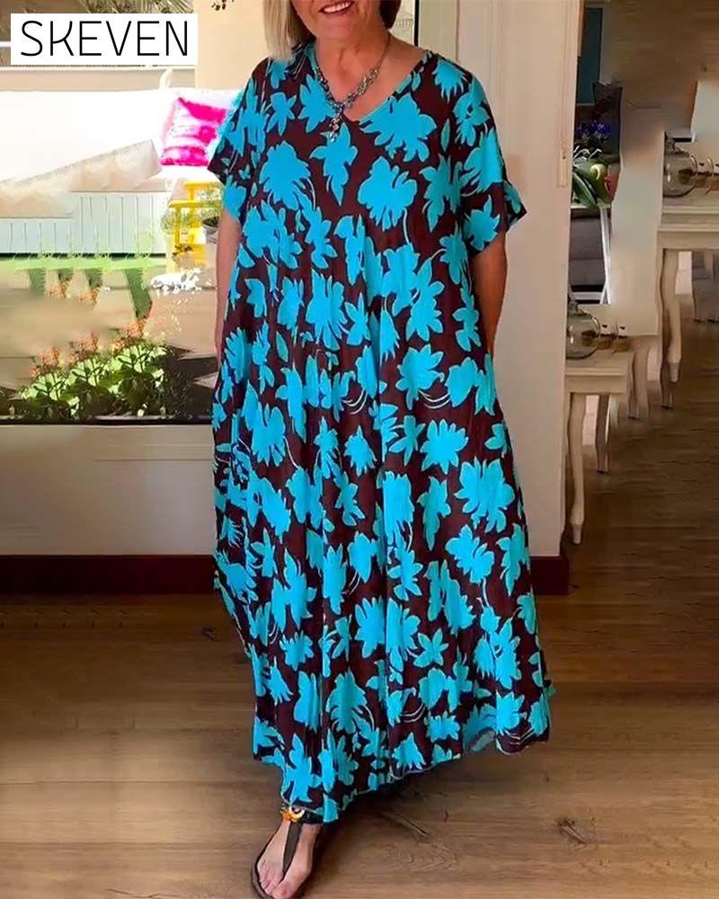 robe ample à imprimé floral et col en V avec poches