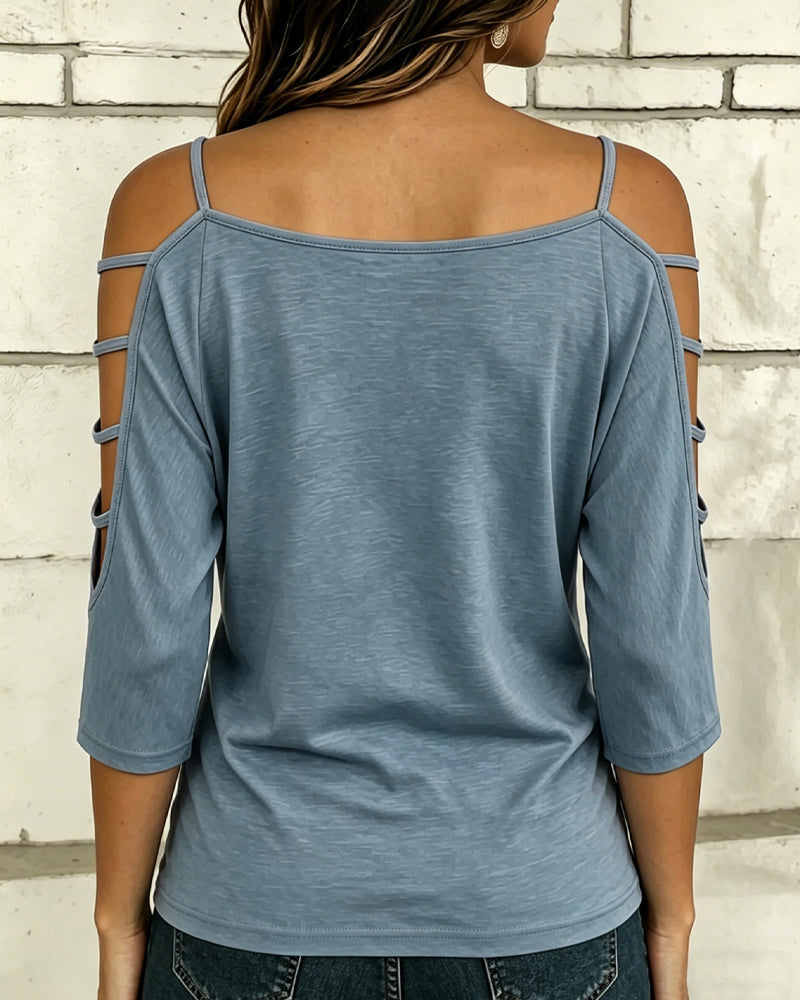 Solid Color Elbow-Length Sleeve Off-Shoulder T-Shirt