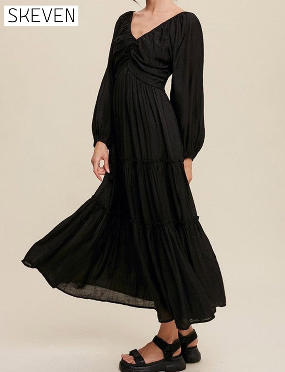 Black V Neck Bowknot Cutout Frill Tiered Maxi Dress All In Stock clothes dress dresses EDM Monthly Recomend Fabric Sheer long sleeve dress long sleeve dresses maxi dress maxi dresses Occasion Daily Print Solid Color Season Spring Silhouette A-Line Style Southern Belle