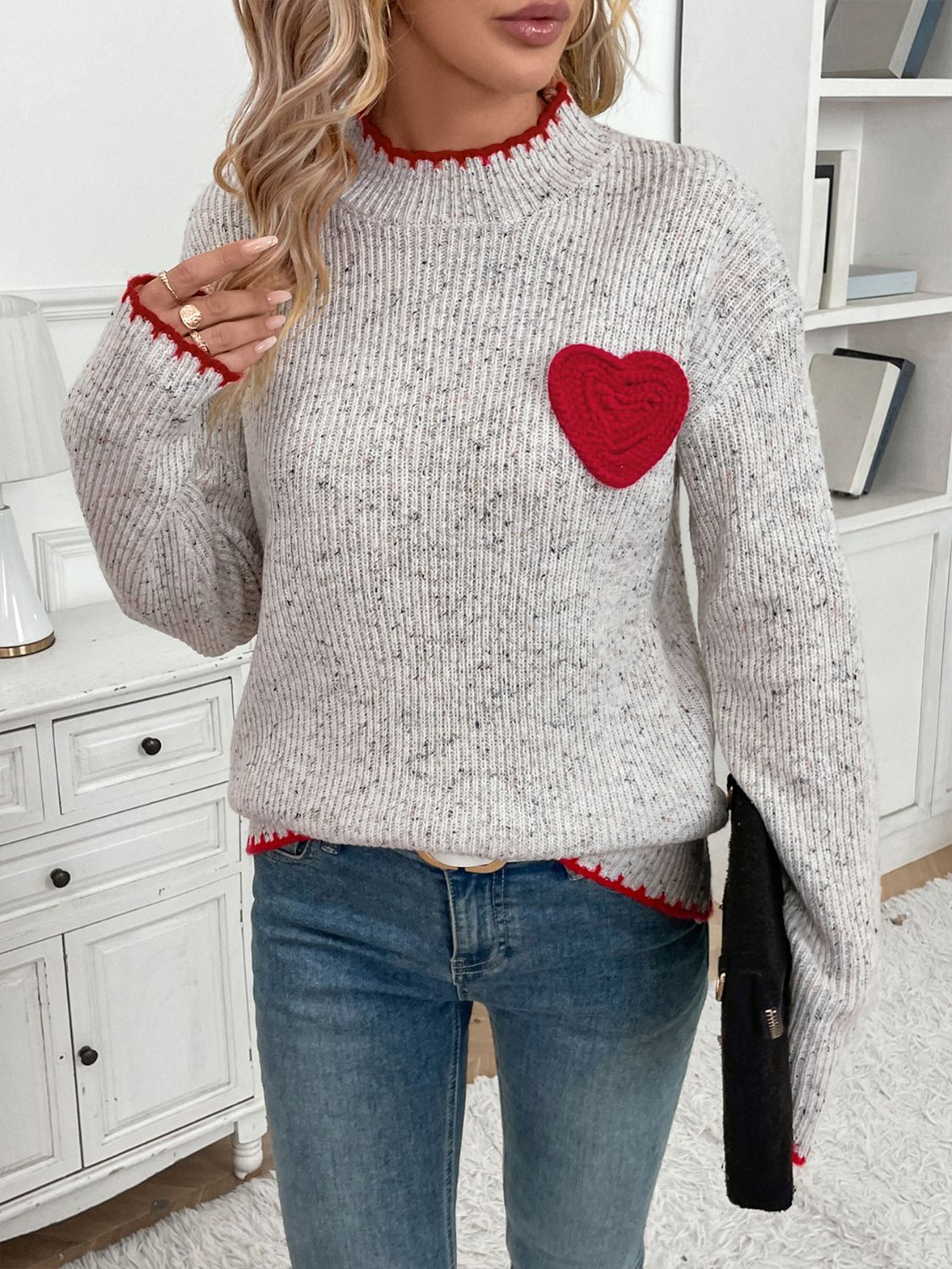 Blue Zone Planet |  Perfee Contrast Heart Round Neck Long Sleeve Sweater
