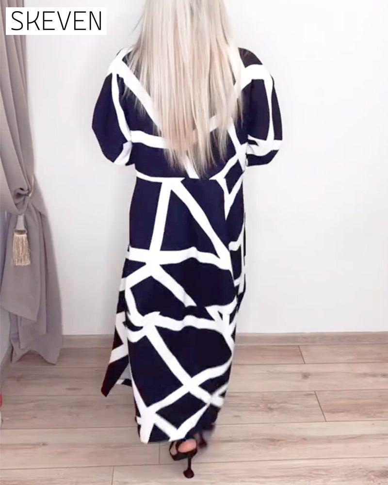Lapel Loose Geometric Print Dress