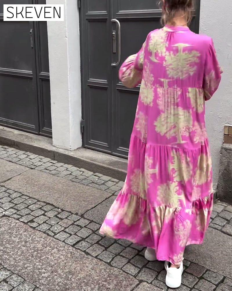 Loose printed V-neck bell sleeve patchwork dress