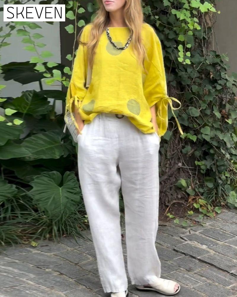 Polka dot printed three-quarter sleeves casual blouse
