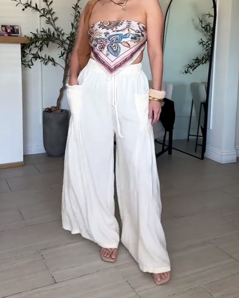 Drawstring Pleated Pocket Wide Leg Pants