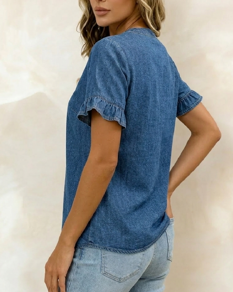 Denim V-Neck Ruffled Short-Sleeve Blouse