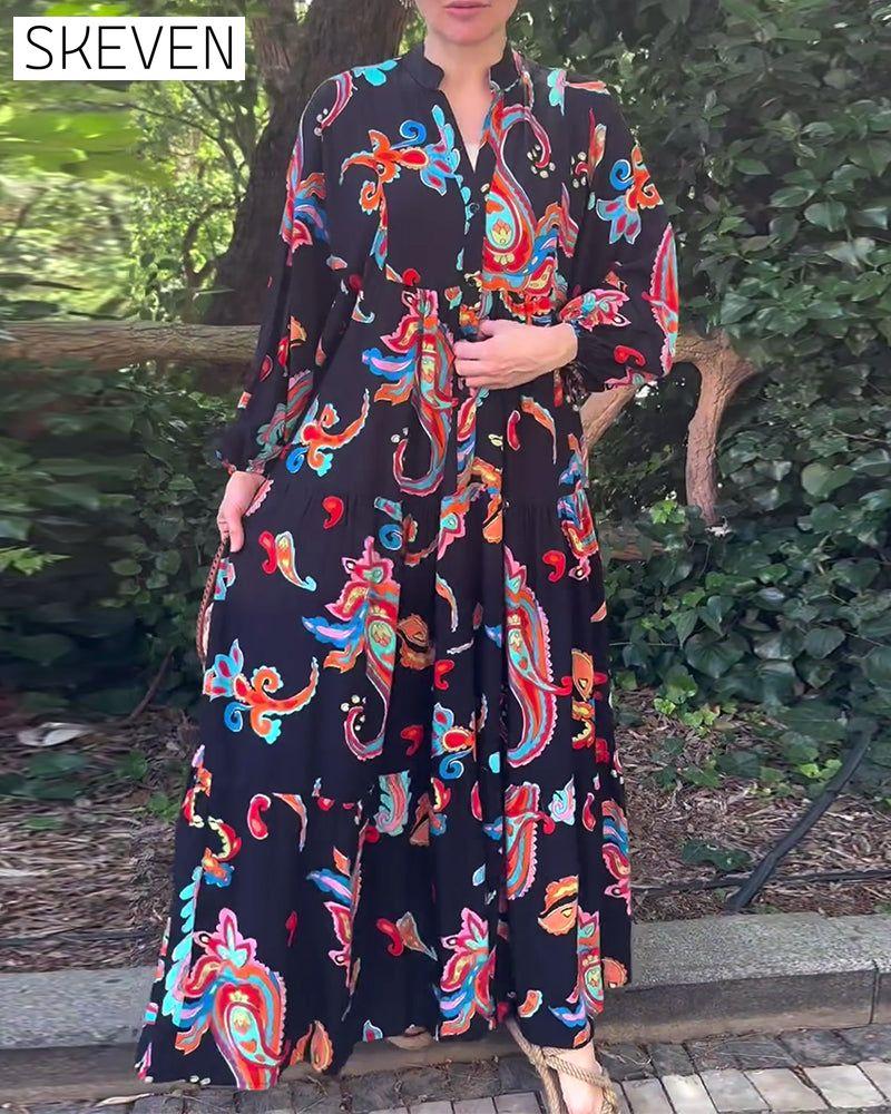 Vintage-Patchworkkleid mit Print und langen Ärmeln