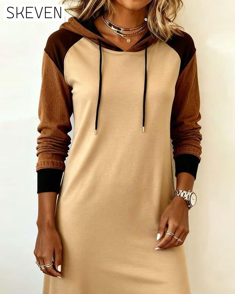 Contrast Color Hooded Fashionable Dress