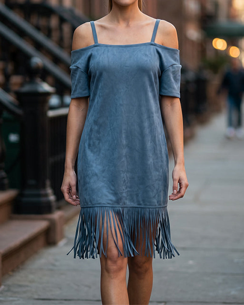 Spaghetti Strap Fringe Solid Off-Shoulder Dress