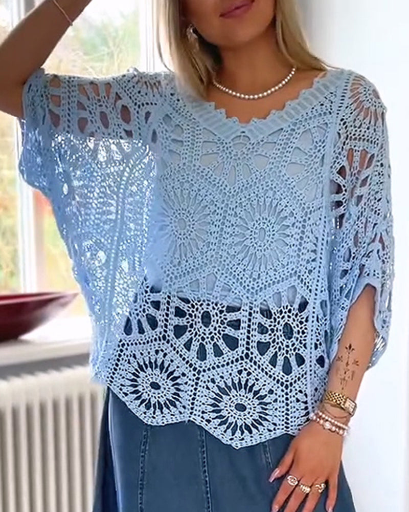 Solid V-Neck Cut-Out Knit Cover-Up Pullover