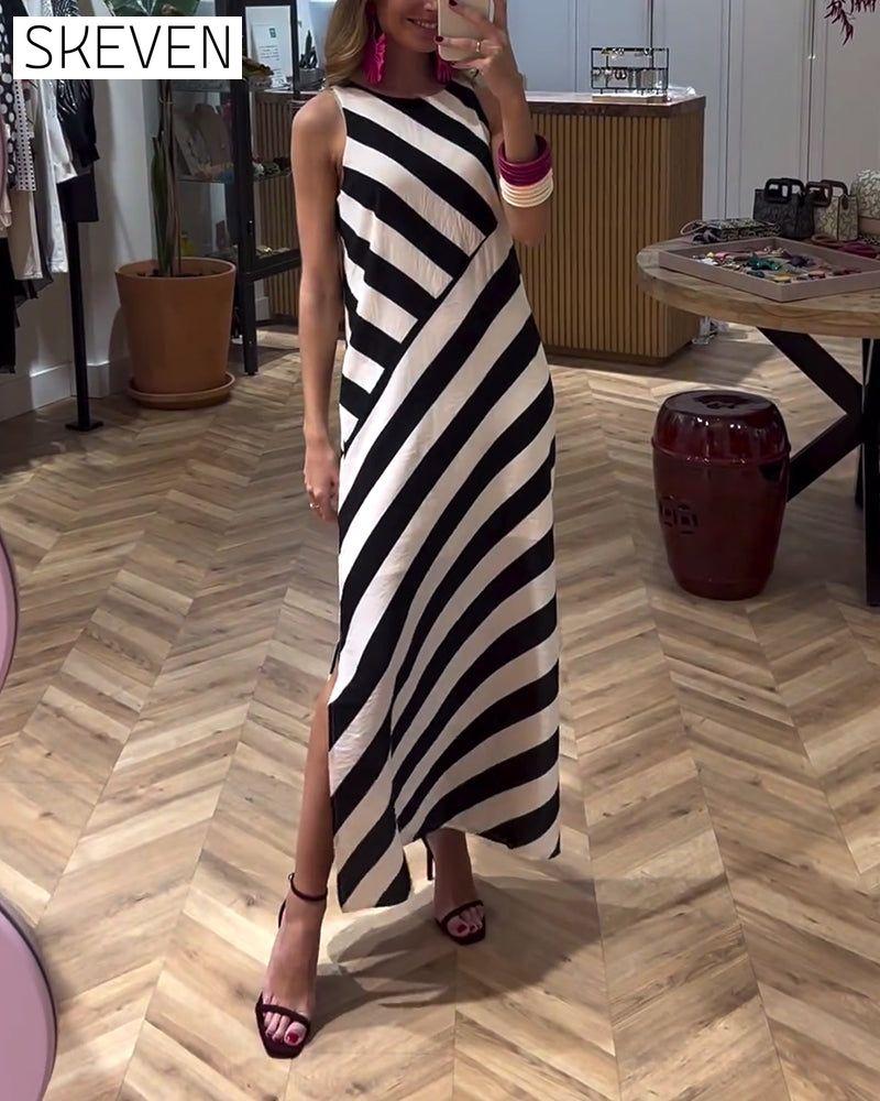 Contrast stripe print sleeveless slit dress