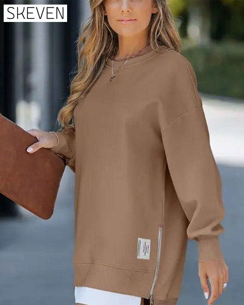 Long Sleeve Pullover Zipper Slit Casual Sweatshirt Dress