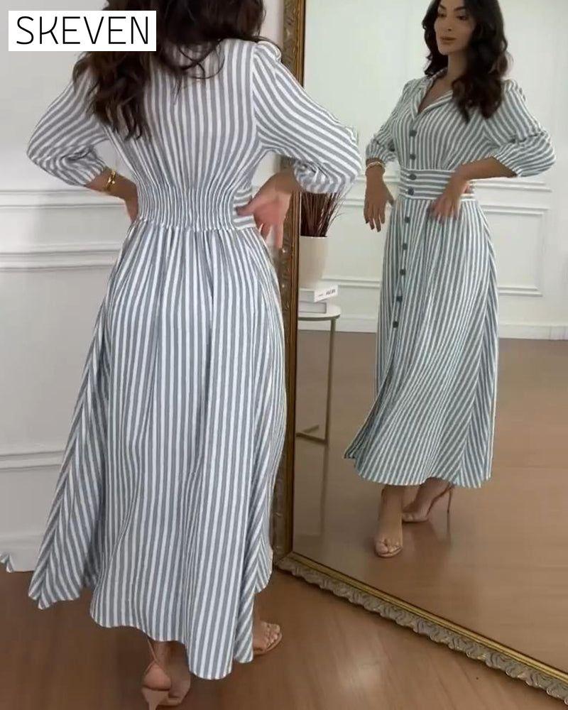 Stripe print lapel button elegant dress 202466 casual dresses spring summer