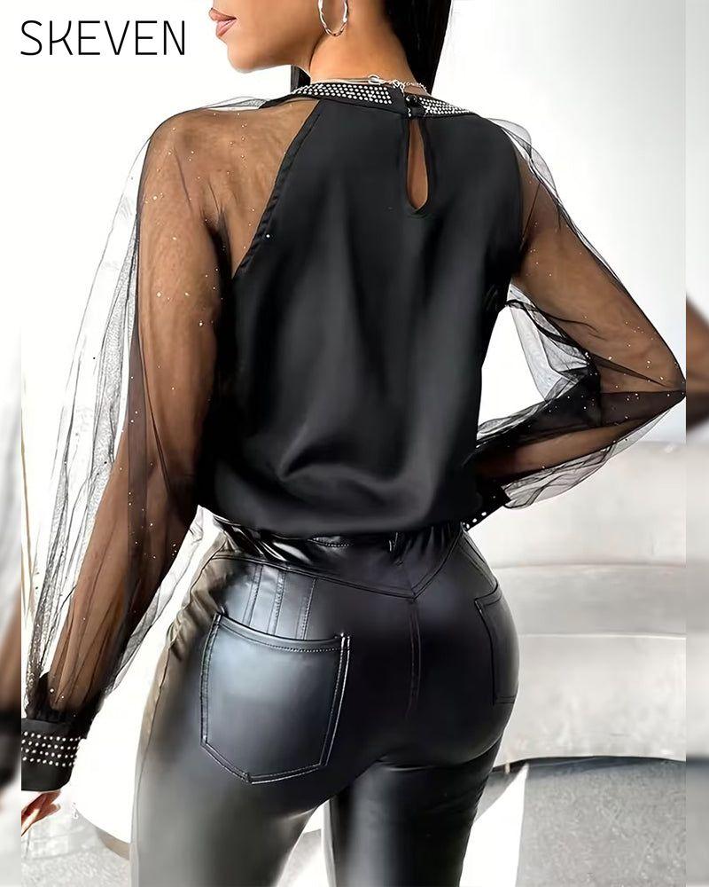 Modische, langärmelige Bluse aus Strass-Mesh