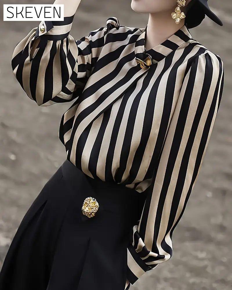 Drape Stand Collar Striped Blouse