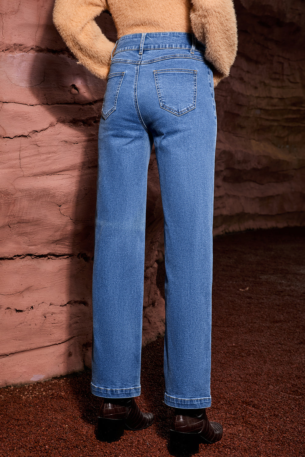 Light Blue Double Button High Rise Straight Leg Jeans