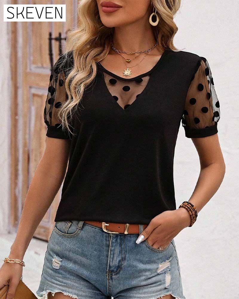 Polka Dot Mesh Contrast Short Puff Sleeve T-Shirt spring summer t-shirts