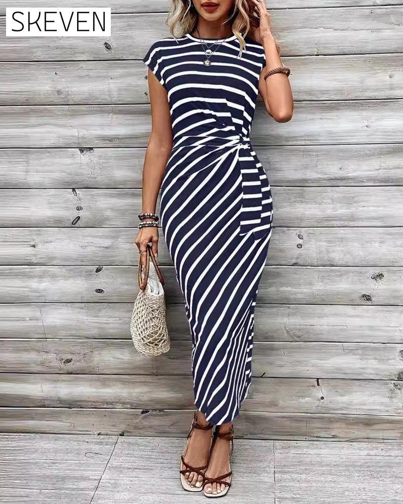 Fashion striped printed strappy raglan sleeve slim dress