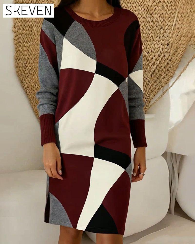 Color-Blocked Fashionable Round Neck Dress