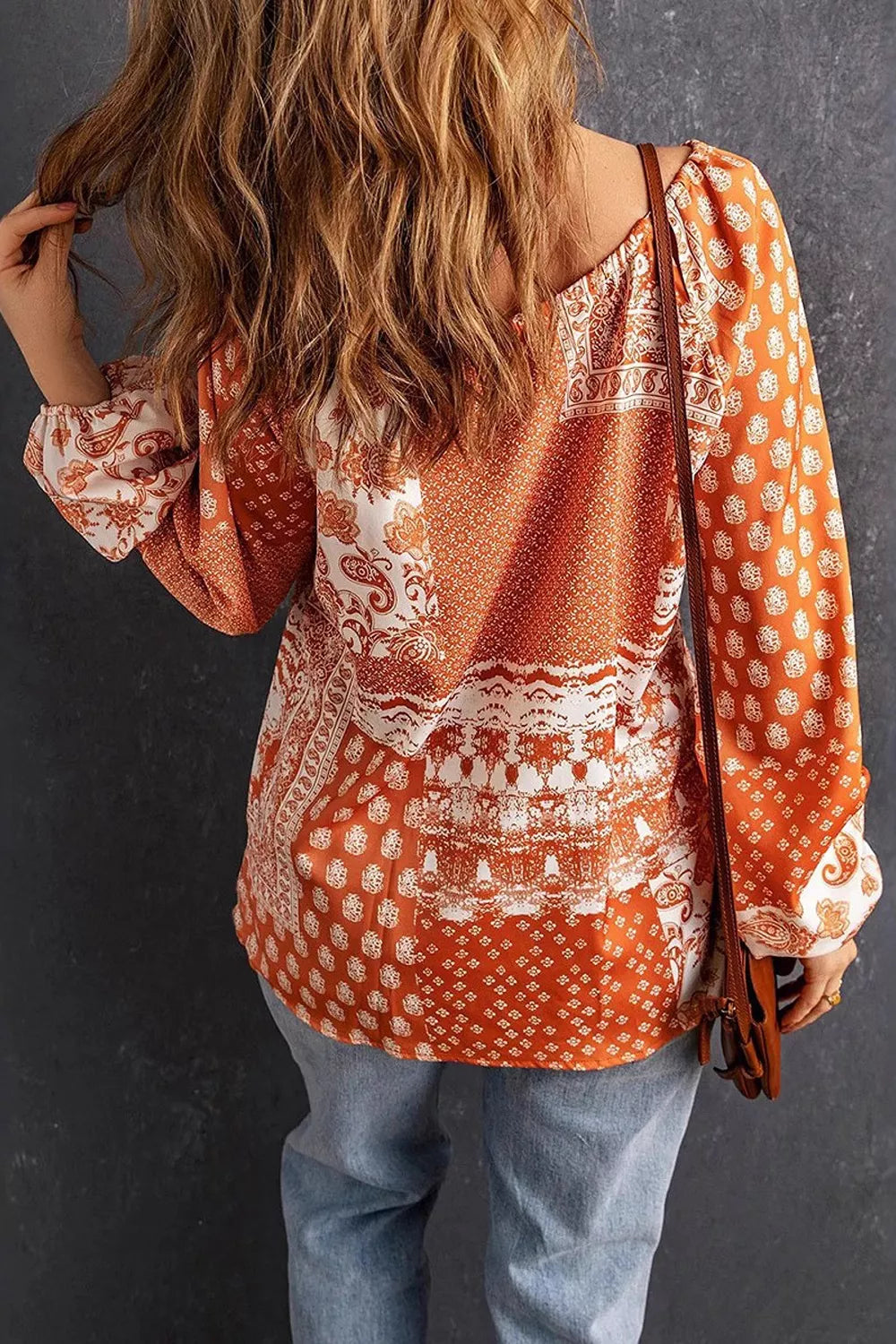 Full Size Paisley Print Tie-Neck Long Sleeve Blouse Plus Size