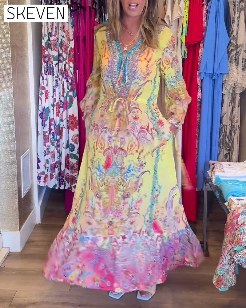 Long sleeve printed resort dress