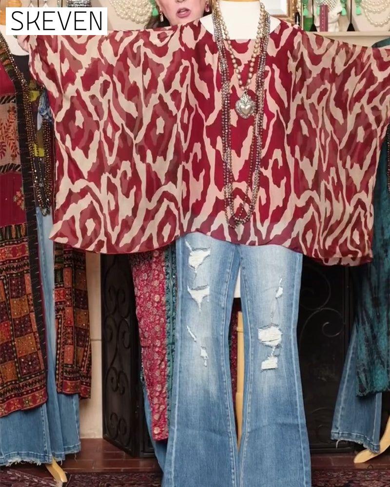 Batwing Sleeve Print Long Sleeve Blouse