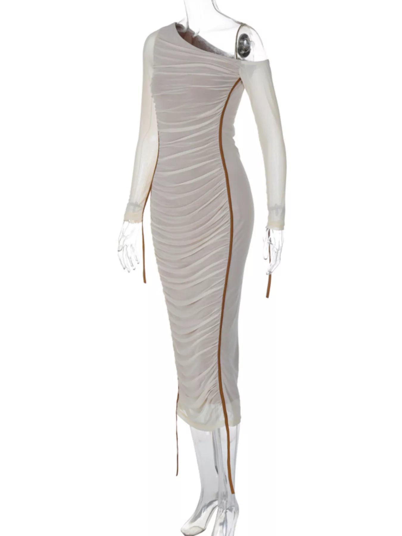Einseitig schulterfreies, gerafftes, figurbetontes Midikleid