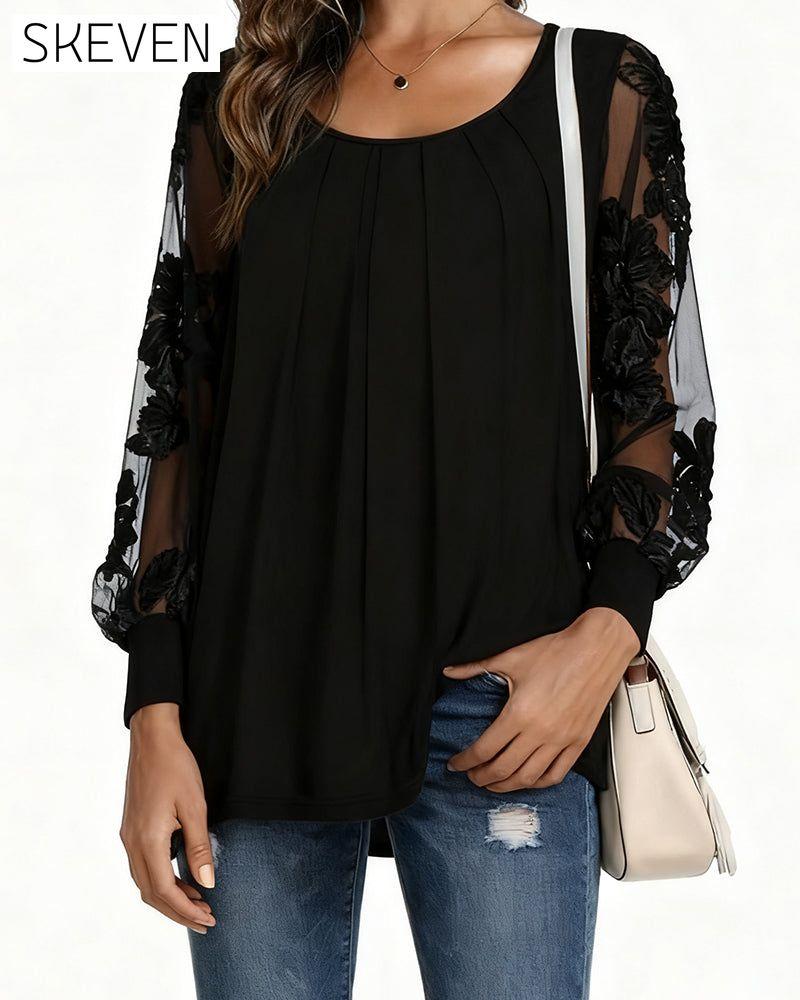 Long-Sleeved Patchwork Pleated Blouse