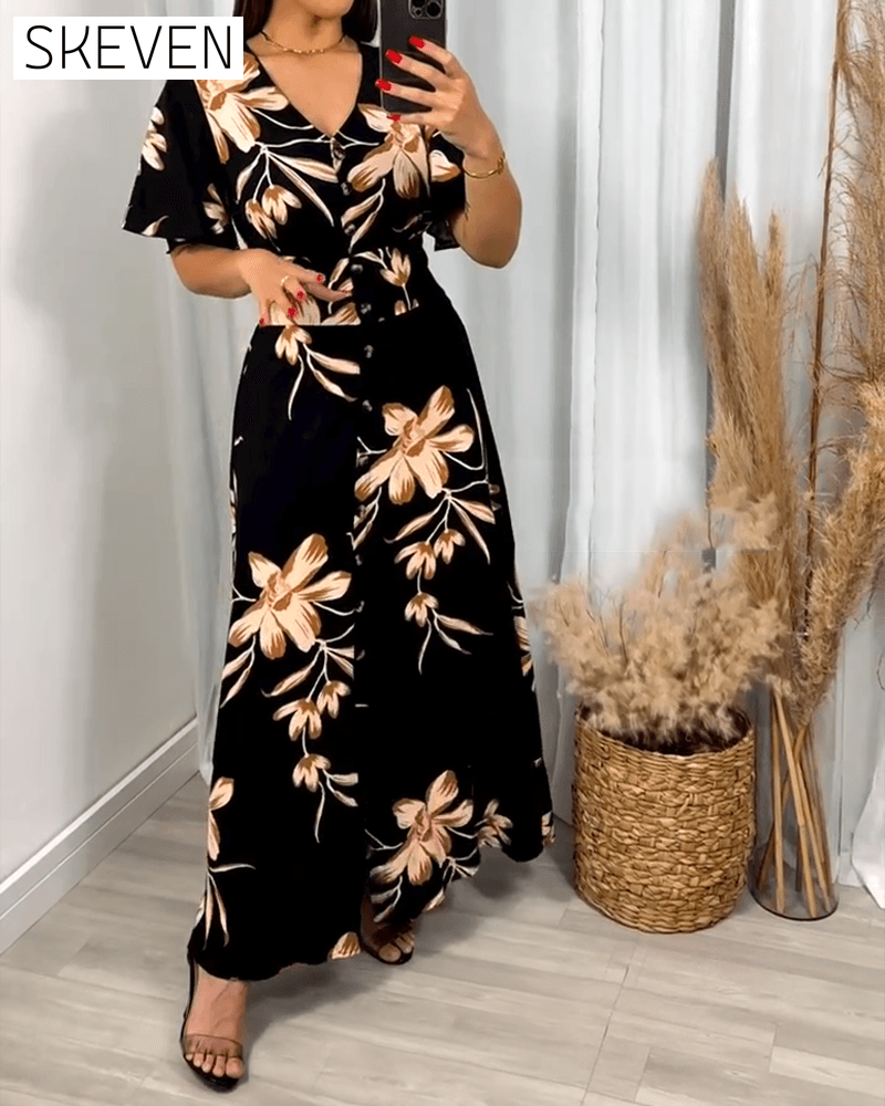 Robe à col V et taille haute à imprimé floral