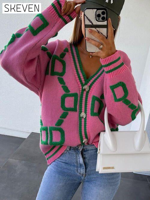 Geometric Dropped Shoulder Button Down Sweater Cardigan cardigan cardigans clothes S.X Ship From Overseas sweater sweaters
