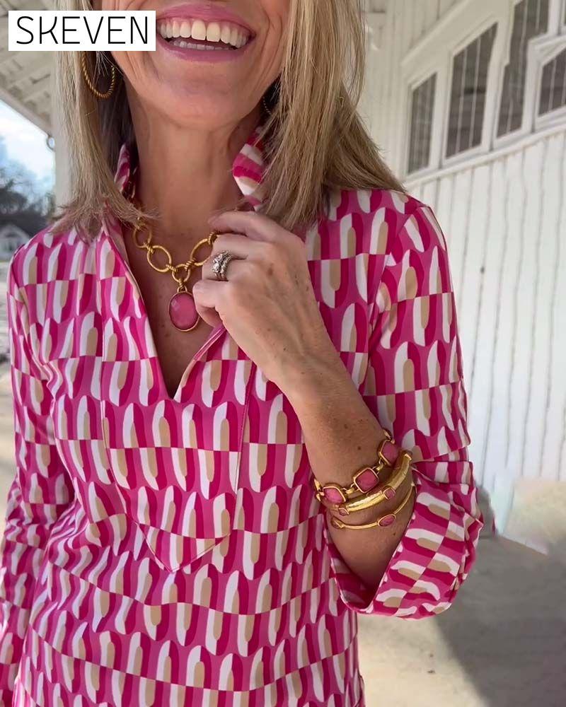 Printed stand collar nine-quarter sleeve top