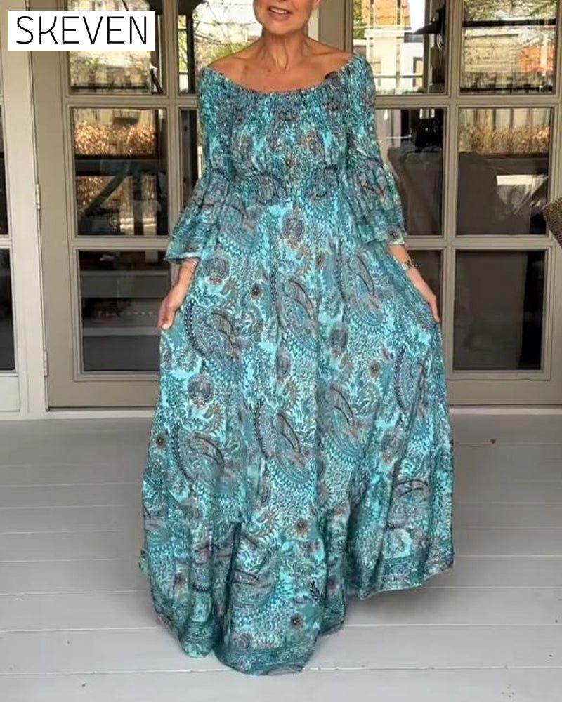 Elegant printed one-shoulder flare sleeve long dress
