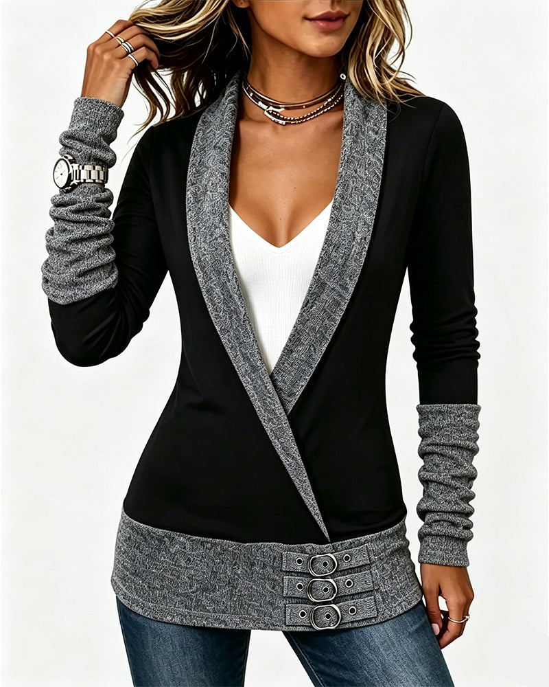 Colorblock Cross V-Neck Waist-Cinching Mock Two-Piece Top