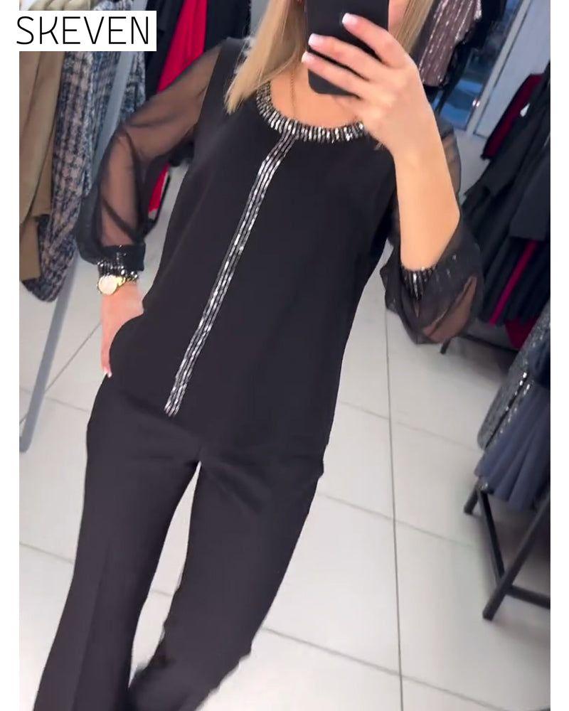 Sequin Panel Long Sleeve Blouse