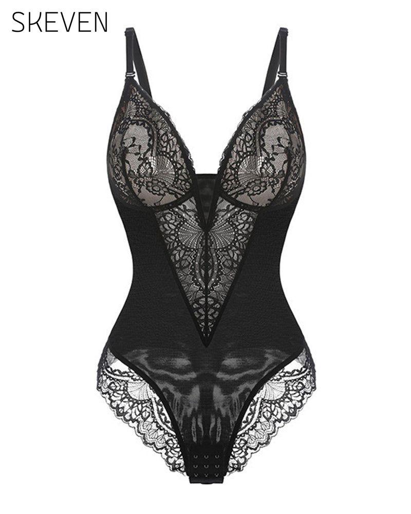 Deep-V Neck Lace Shapewear Bodysuit