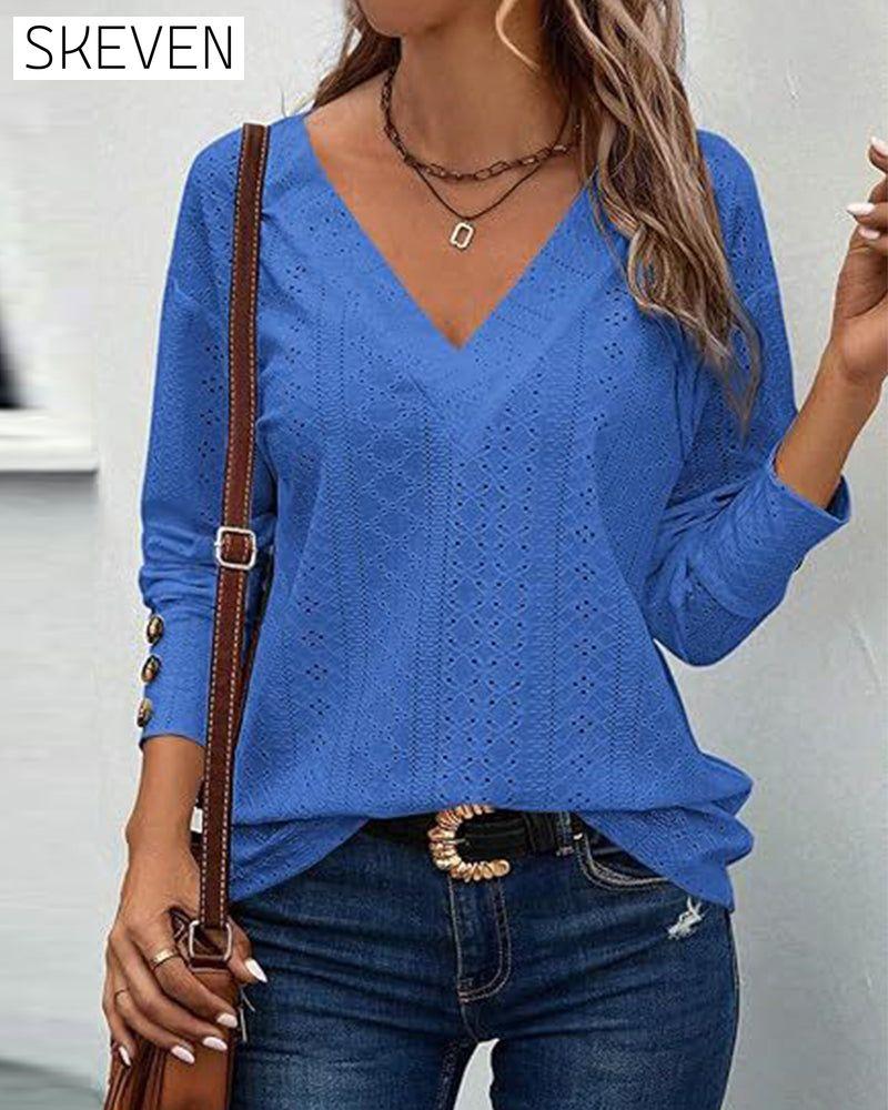 Casual V-Neck Hollow Solid Color Blouse